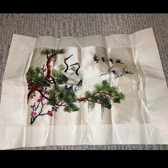 Vintage Chinese Hand Embroidered Silk Crane Art